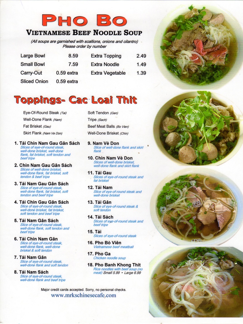 Pho Bo Menu. 